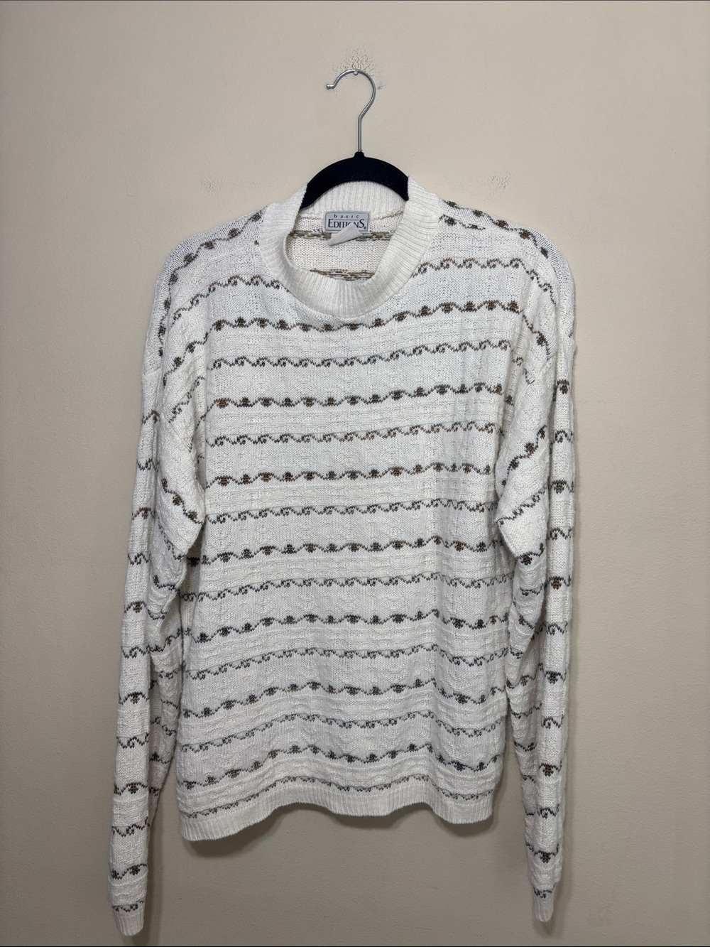 Basic Editions Cream Sweater with Brown and Gray Stripes